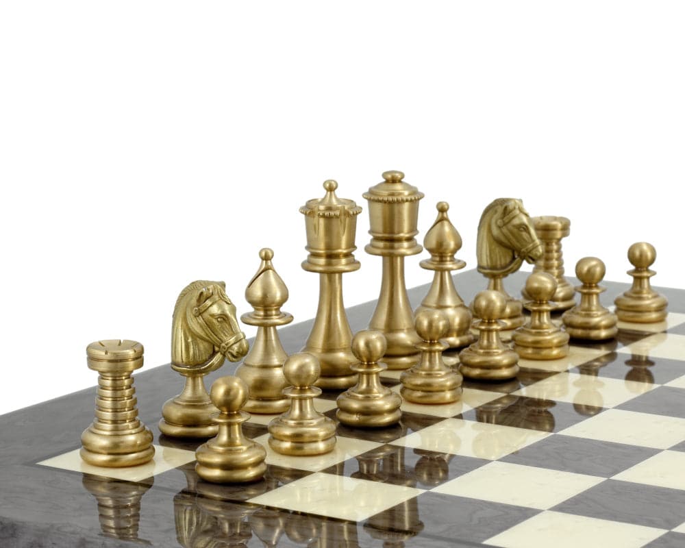 Verona Series Brass and Nickel Chess Pieces with Shakespearean Motifs on a Chessboard