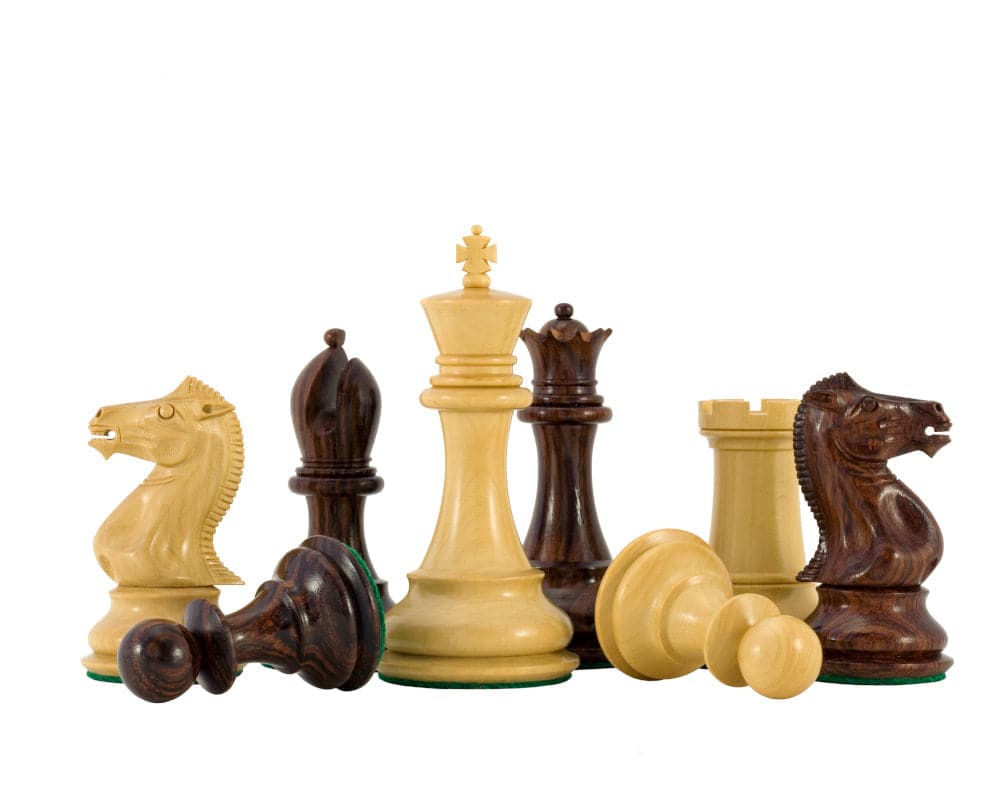 Sandringham Series Rosewood Chess Pieces featuring a 4-inch king, classic Staunton design, beautifully crafted from rosewood and boxwood.