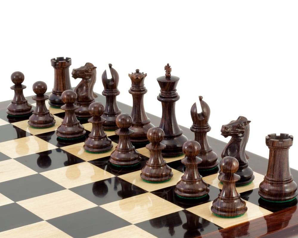 Sandringham Series Rosewood Chess Pieces 4 Inches on a chessboard, featuring classic Staunton design and a 4 inch king