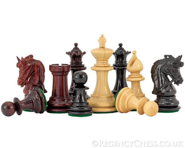 Corinthian Tres Corone Luxury Chess Pieces in exotic woods, handcrafted Staunton design, 2.5-inch king, weighted, billiard cloth bases.