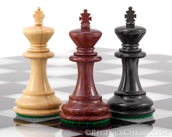 Corinthian Tres Corone Luxury Chess Pieces in three exotic woods featuring handcrafted Staunton design with 2.5 inch king.