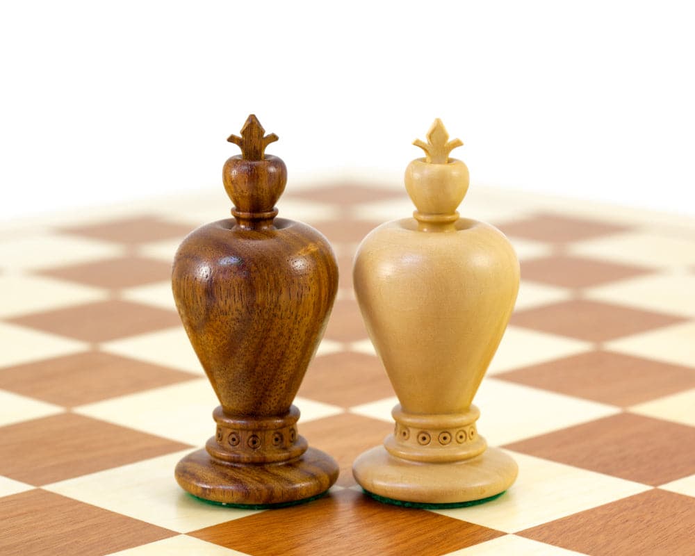 Apple Series Golden Rosewood Carved Chessmen on checkerboard chessboard showing 3.5 inch king pieces in golden rosewood and light boxwood.