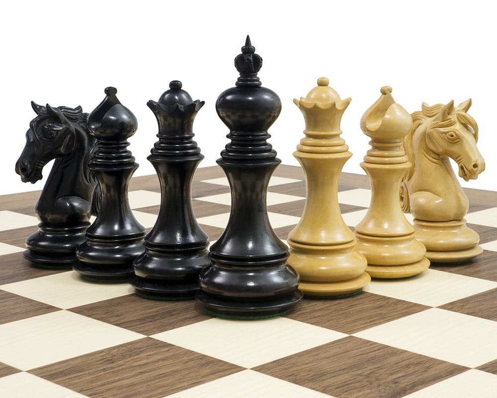 The Cavalry Series Chessmen Ebony 4.5 inch Staunton design with 4.5 inch king, additional queens, ornate carving, ideal for 20 inch board