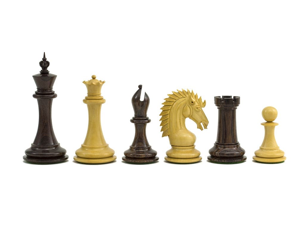 The Sheffield Knight Rosewood Chessmen set, 4.25 inch King, with ornate handcrafted pieces, perfect for a 21.7 inch board.