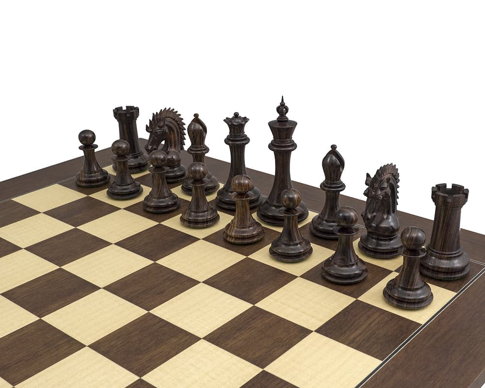 Handcrafted Rosewood Sheffield Knight Chessmen set on a 21.7 inch board featuring 4.25 inch King with billiard cloth bases and weighted pieces.