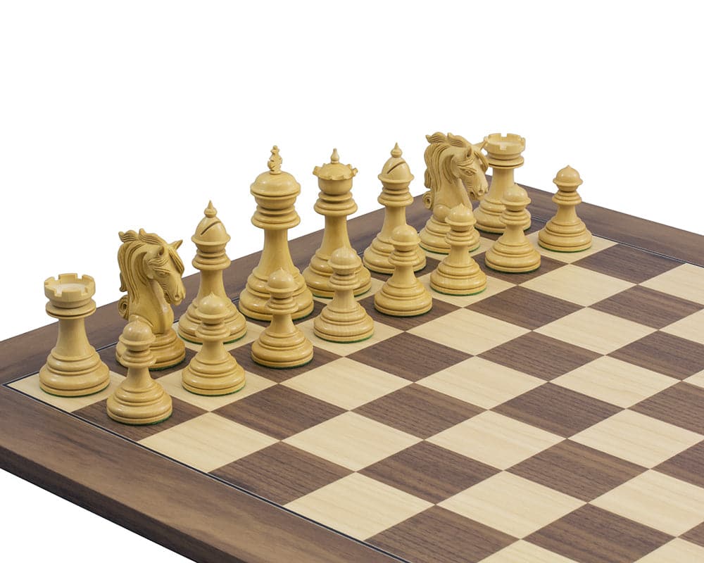 Luxury carved chess set featuring intricately detailed knights and a solid wood board, ideal for players seeking elegance and precision.