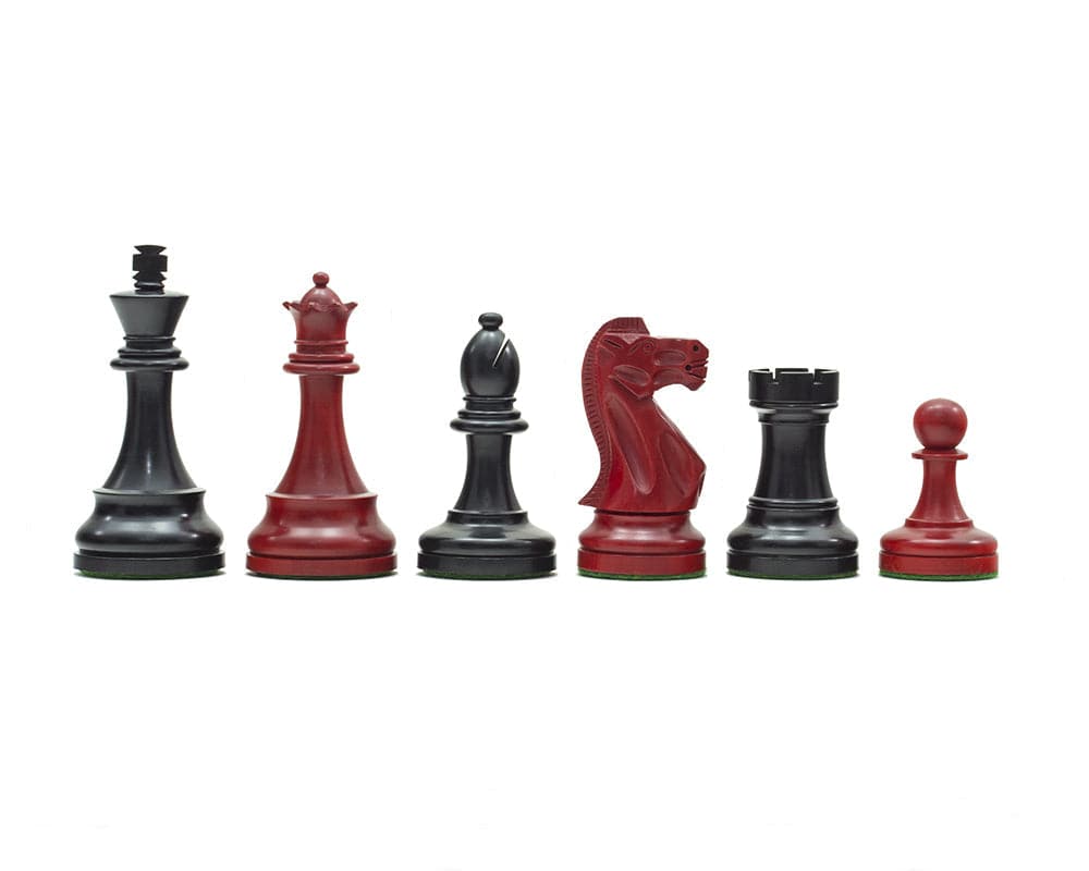 Broadbase Chess Men in Red and Black featuring classic Staunton design with 3.75-inch king, ideal for 21.7-inch board by The Regency Chess Company