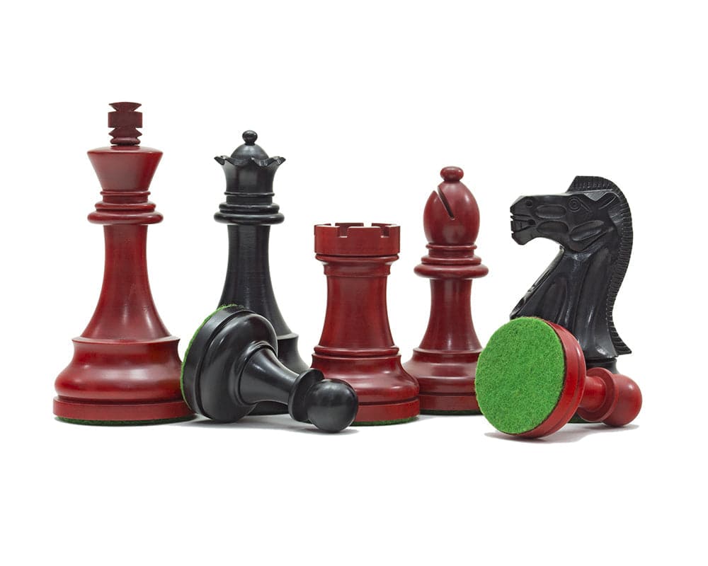 Broadbase Chess Men in Red and Black 3.75 inch, Classic Staunton design with weighted bases covered in billiard cloth for 21.7 inch board.