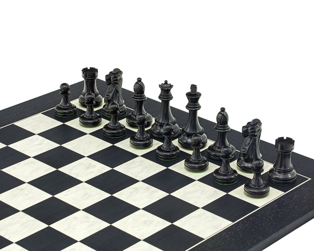 Black Staunton chess pieces arranged on a checkerboard, ideal for 21.7 inch board, featuring a 3.75 inch king.