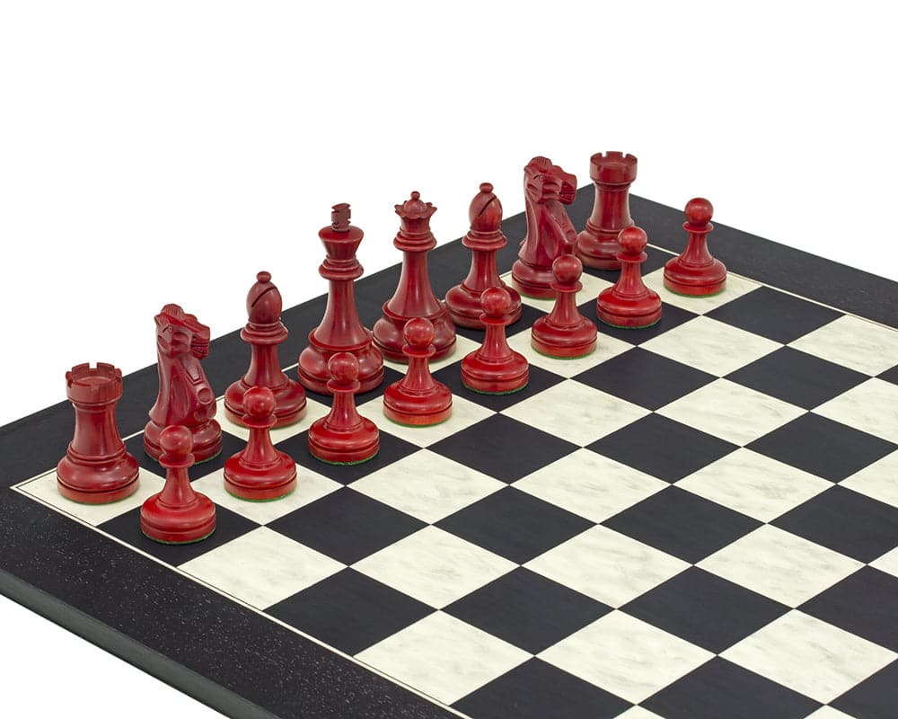 Broadbase red and black chess men set in Staunton design on board, featuring a 3.75 inch king, perfect for a 21.7 inch chessboard