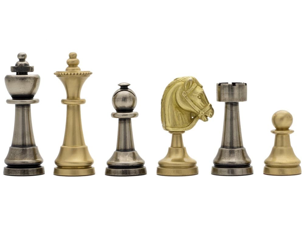 The Turin Metal Chess Men by Italfama, featuring intricately detailed ebony pieces with an antiqued finish and broad felted bases.