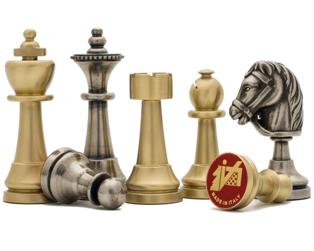 The Turin Metal Chess Men by Italfama displayed showing their superb detail and high quality finish.