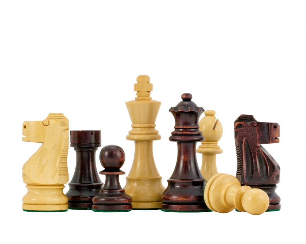 Antiqued British Staunton Chessmen 3.75 inches, Sheesham and boxwood pieces with unique stain and polish finish on white background.