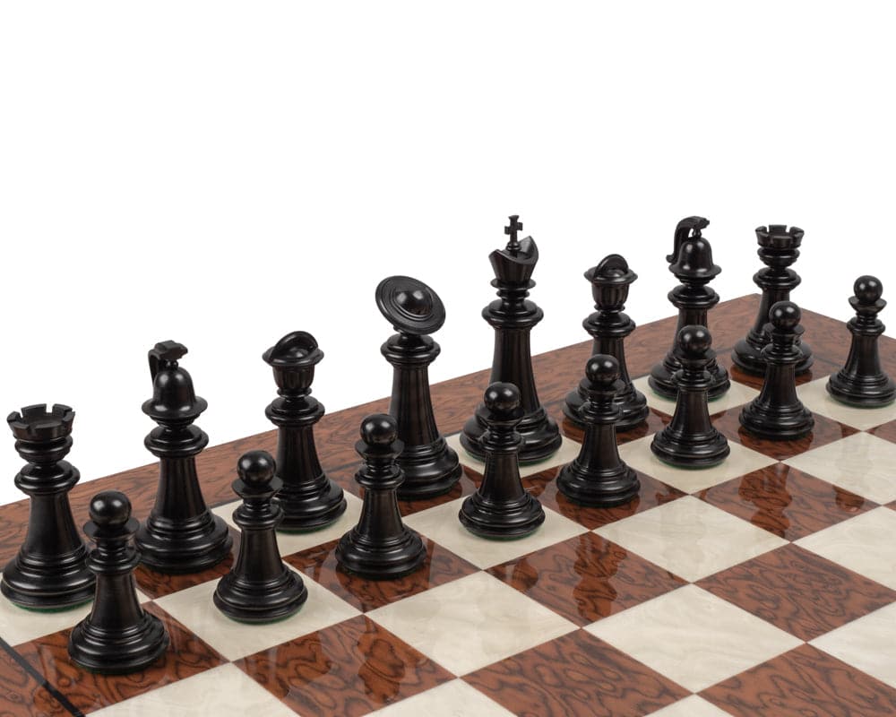 The Greek Staunton Ebony Series chess set with large, weighted acacia pieces on a 20-inch mahogany and birch board.