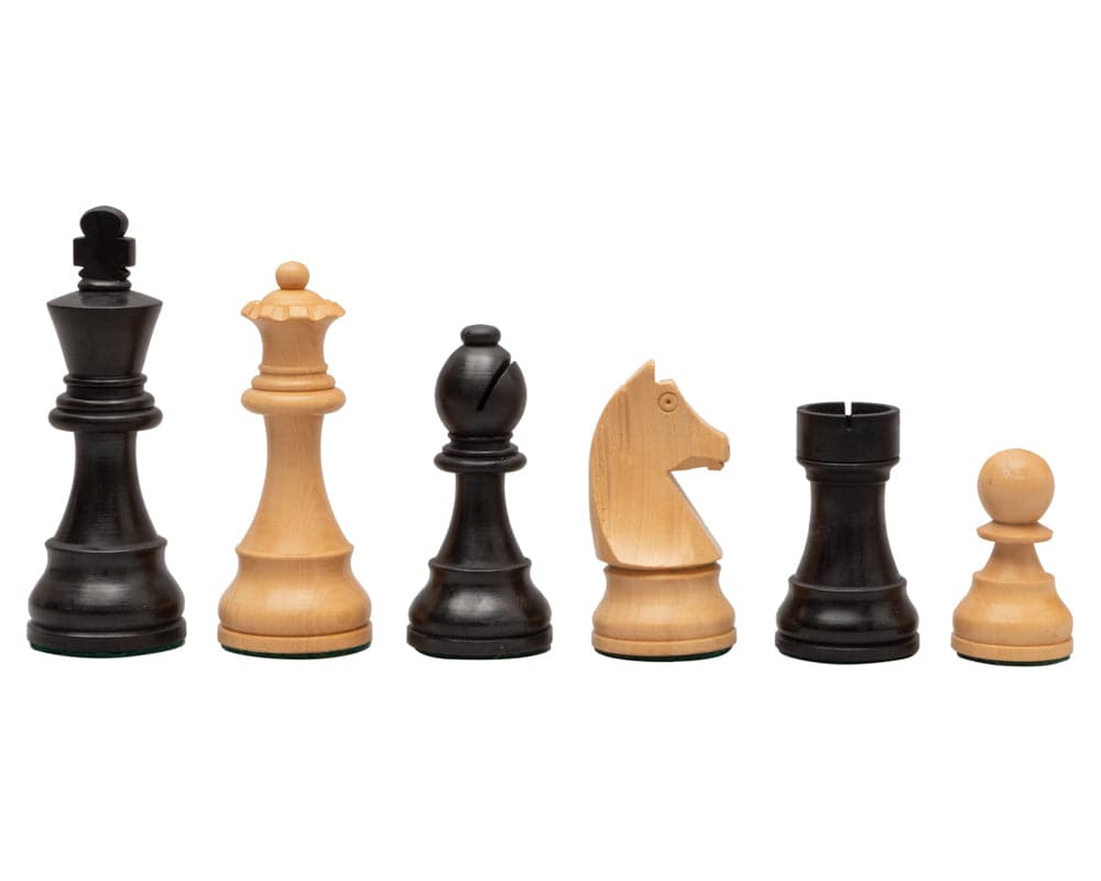 Down Head Ebonised Chess Men 3.75 inch set including black and natural wooden pieces in a variety of traditional chess shapes