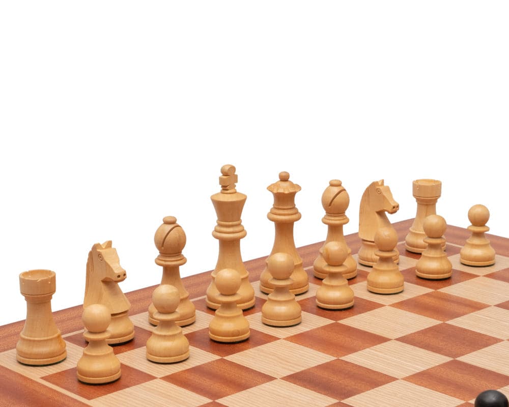 Ebonised chess pieces on a high-quality Mahogany and Birch chess board with 2-inch playing squares