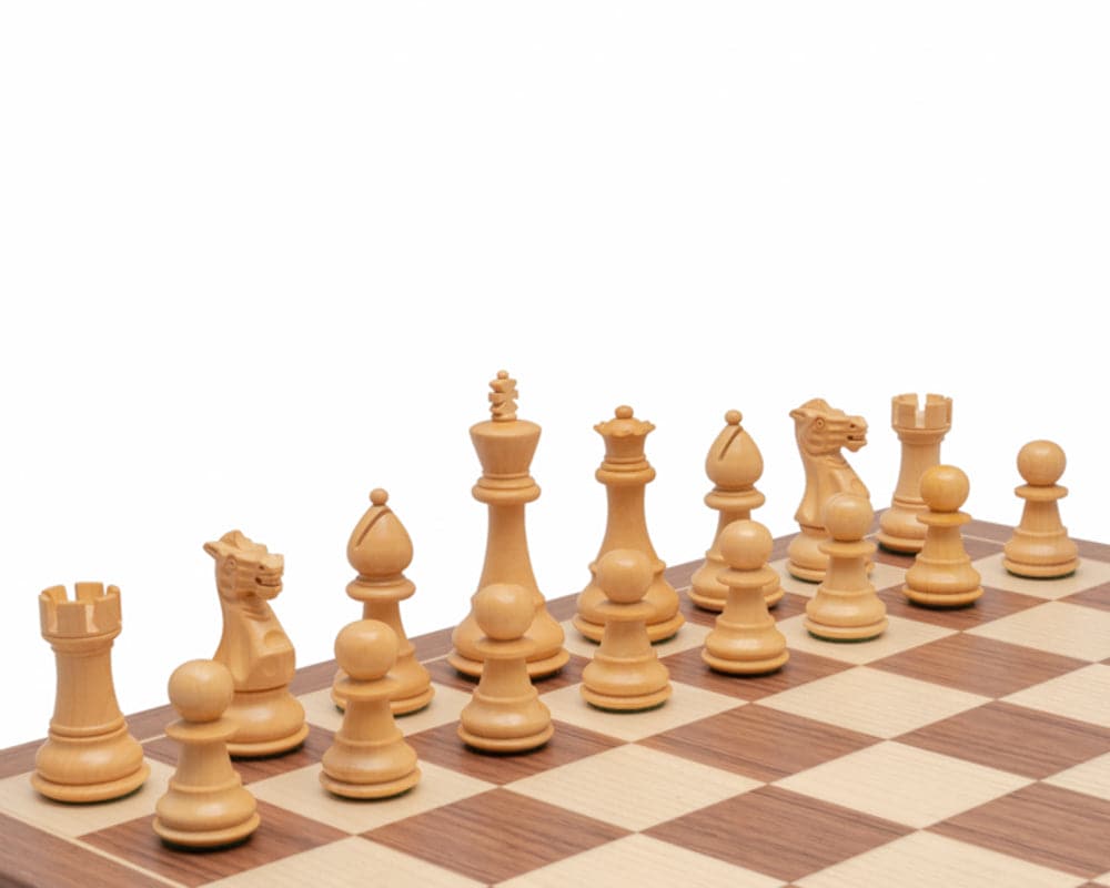 Classic Staunton Rosewood chessmen set up on chessboard with 3.5-inch king and additional queens