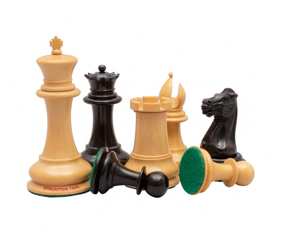 Original Staunton 1849 Ebony Chess Men with 4.4 inch king and detailed craftsmanship in ebony and boxwood