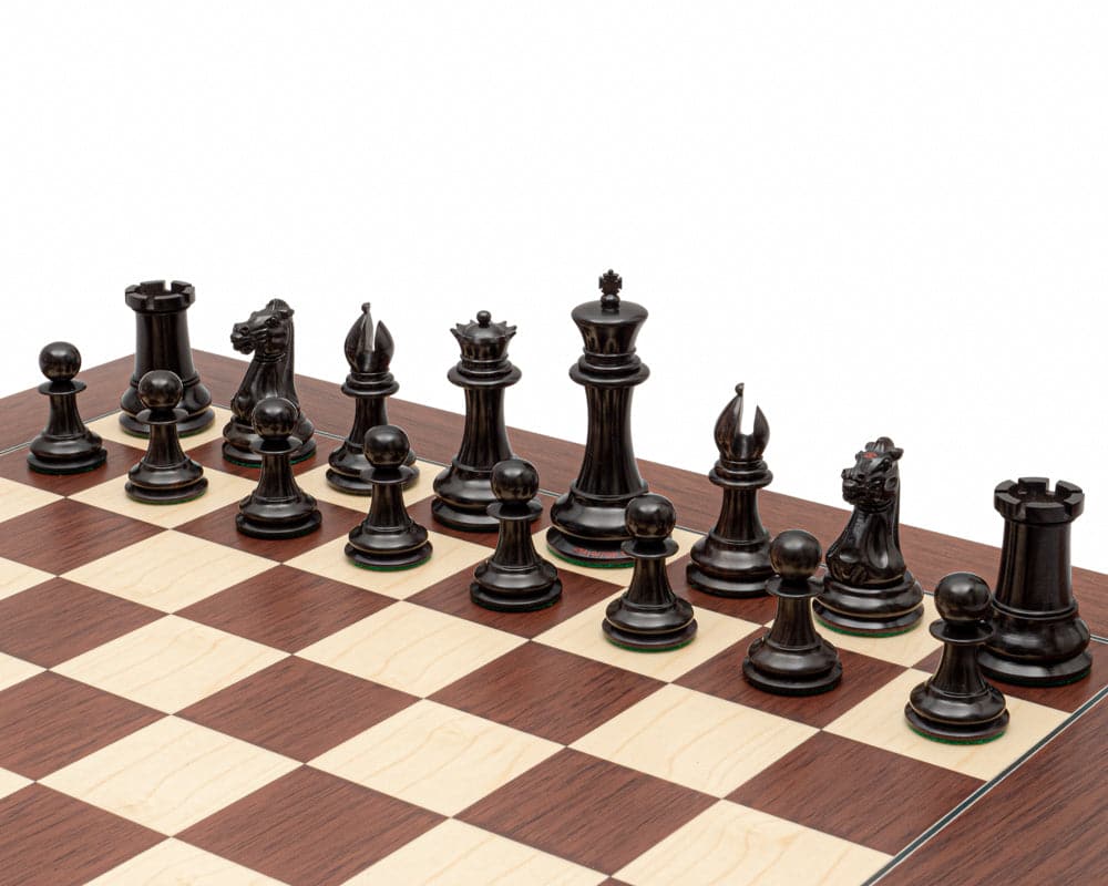 Original Staunton 1849 Ebony Chess Men 4.4 inch on chessboard, handcrafted in high quality wood, featuring intricate details and superb finish.