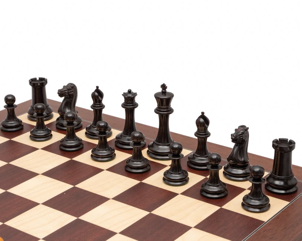 J J Cooke Edition Ebony and Antiqued Boxwood Chessmen on Grey Briar Wood Chess Board with High Gloss Finish