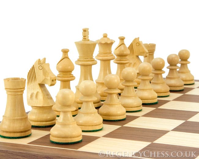 Down Head Knight Academy Chess Set on Walnut Board featuring Golden Rosewood Staunton Chess Pieces.