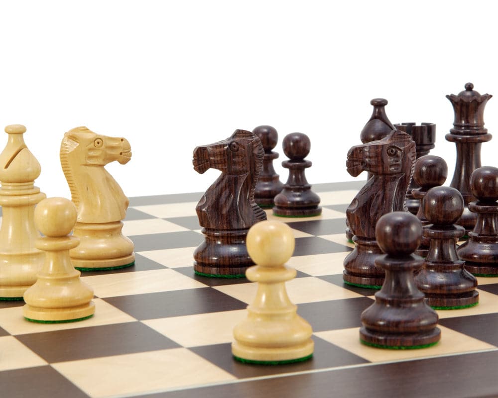 Atlantic Rosewood Chess Set on wenge board showing Staunton design pieces, including intricate knight and 3.75 inch king.