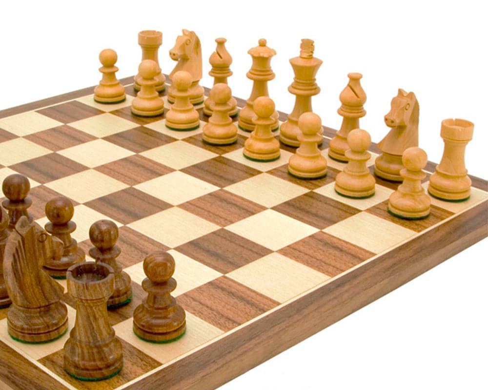 Down Head Knight Academy Small Chess Set with Ebonized Chessmen, 2.5-inch King Staunton pieces on a walnut board, compact and stylish