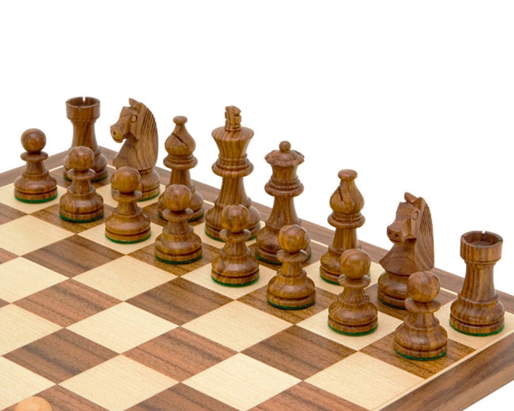 Down Head Knight Academy Small Chess Set with 2.5 inch king Staunton chess pieces and walnut board in rich yellow brown tones of Sheesham.