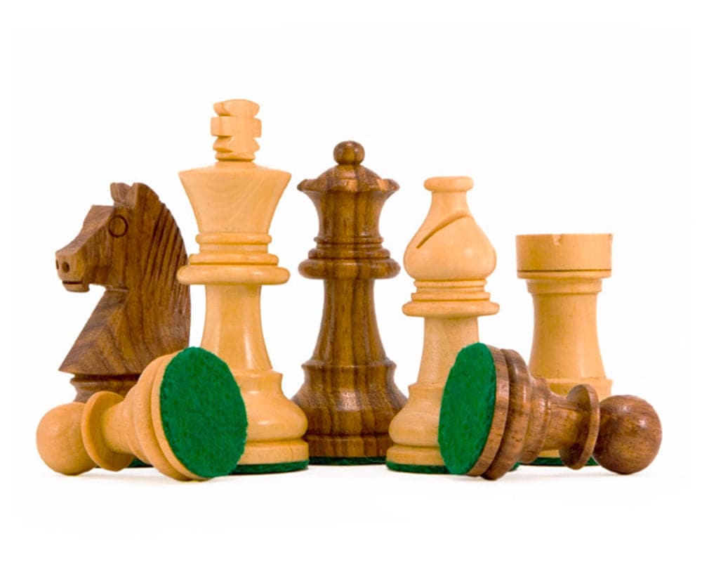 Down Head Knight Academy Small Chess Set with Ebonized and Sheesham Staunton chess pieces on a walnut board