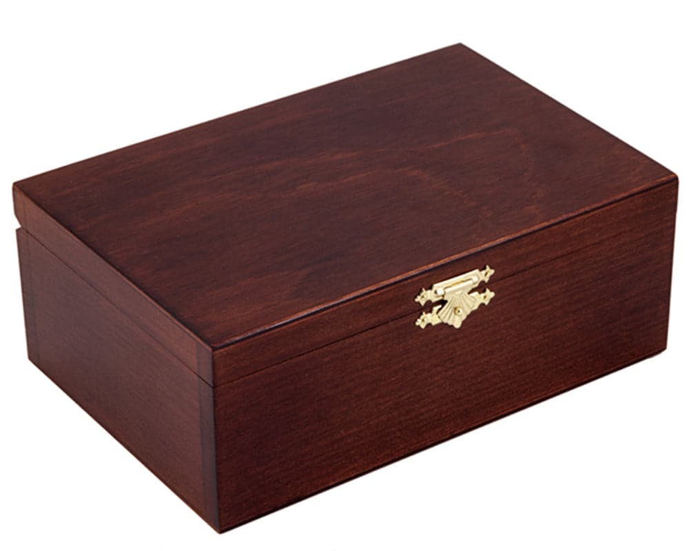 Solid birchwood case for French Knight Black Mahogany Chess Set with secure clasp.