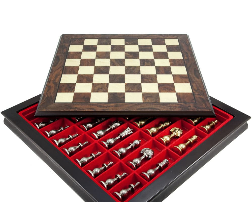 Maghreb Brass and Walnut Traditional Chess Set with storage drawer, showcasing crafted Walnut and Maple veneer chessboard and pieces.