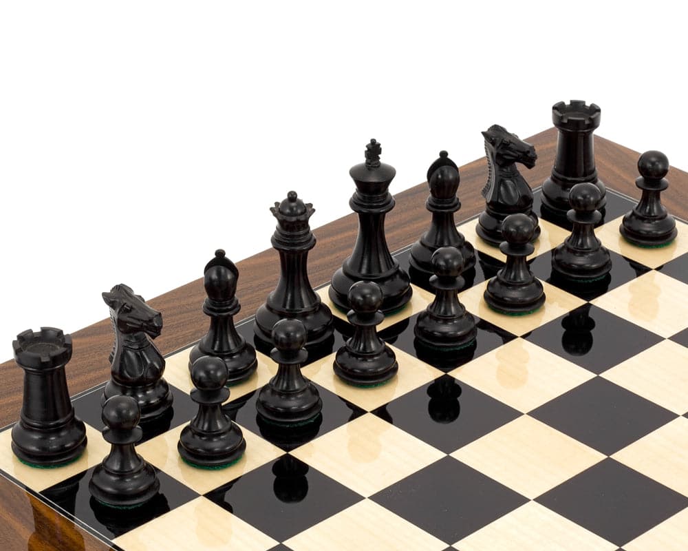 Elegant Palisander Chess Set with classic Staunton design and 3 inch king, handcrafted from solid ebony and displayed on a high gloss palisander board.