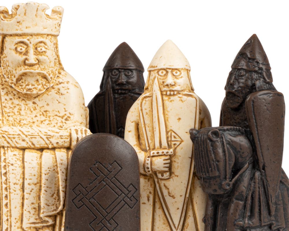 Close-up of Isle of Lewis chessmen from the Italian Briarwood Chess Set by The Regency Chess Company.