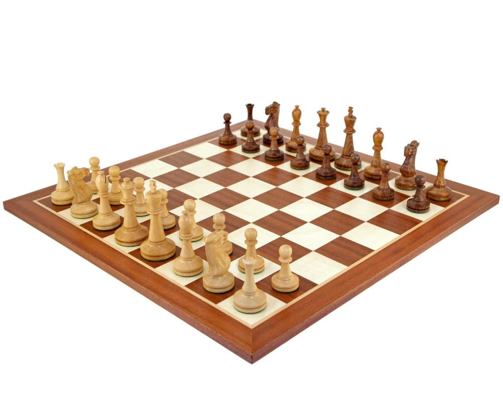 Blackmore Sheesham and Mahogany Chess Set with boxwood and sheesham chess pieces on a mahogany and maple board