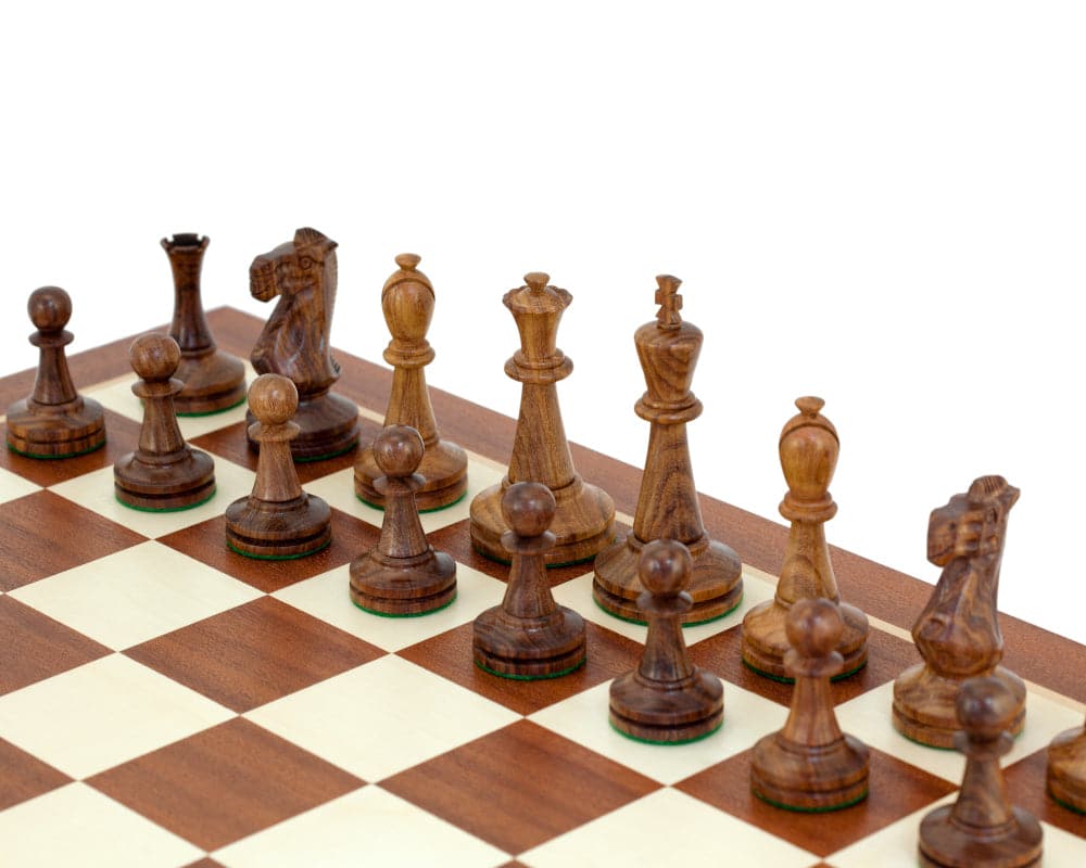 Blackmore Sheesham and Mahogany Chess Set on high quality mahogany and maple board showing detailed chess pieces.