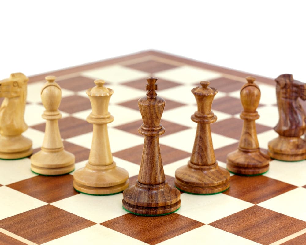 Blackmore Sheesham and Mahogany Chess Set on high-quality mahogany and maple board featuring finely crafted wooden chessmen