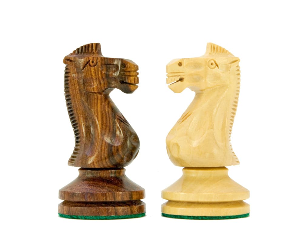 Sheesham and boxwood knight chess pieces from the Blackmore Sheesham and Mahogany Chess Set.