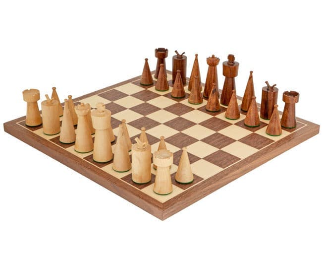 Art Deco walnut chess set with Sheesham and Boxwood pieces on 13-inch Walnut and Maple veneer chessboard