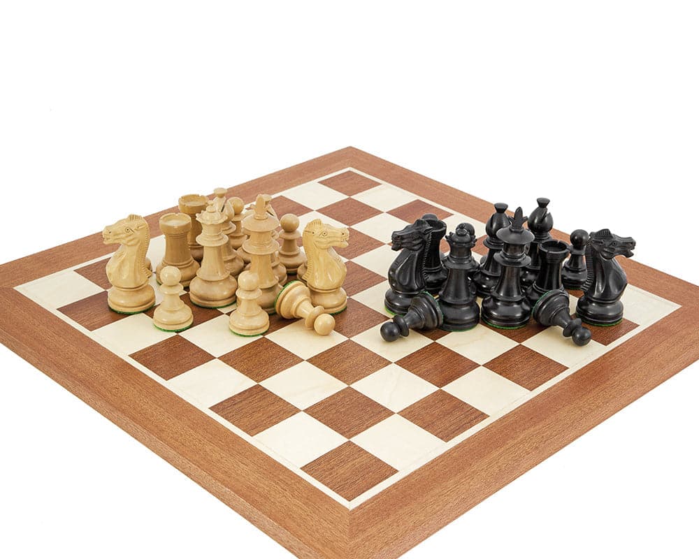 Royal Flower Mahogany Chess Set with ebonised boxwood and light veneer European Mahogany and Maple board