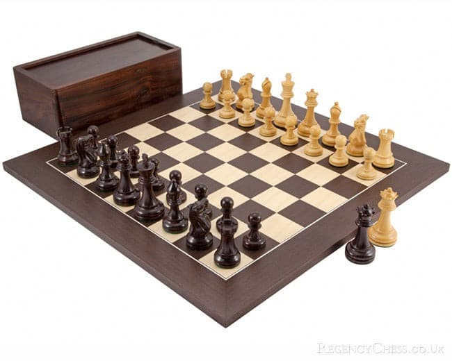 Rosewood and Wenge deluxe chess set with hand-turned Staunton chessmen on a wenge and maple chess board, including storage case.