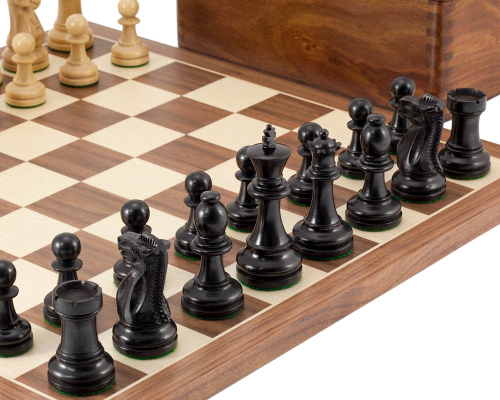 Supreme Ebony Tournament Chess Set with real ebony pieces and Spanish Walnut Maple board.