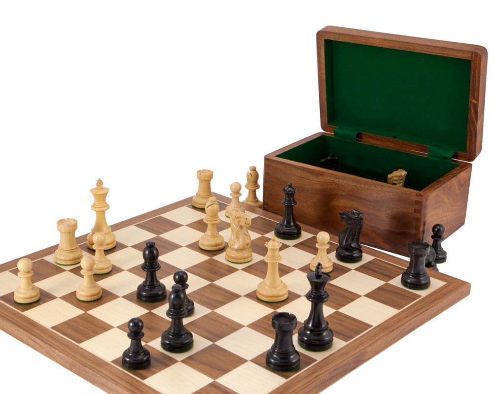 Supreme Ebony Tournament Chess Set with luxury real ebony pieces and Spanish Walnut and Maple chess board, shown with storage box