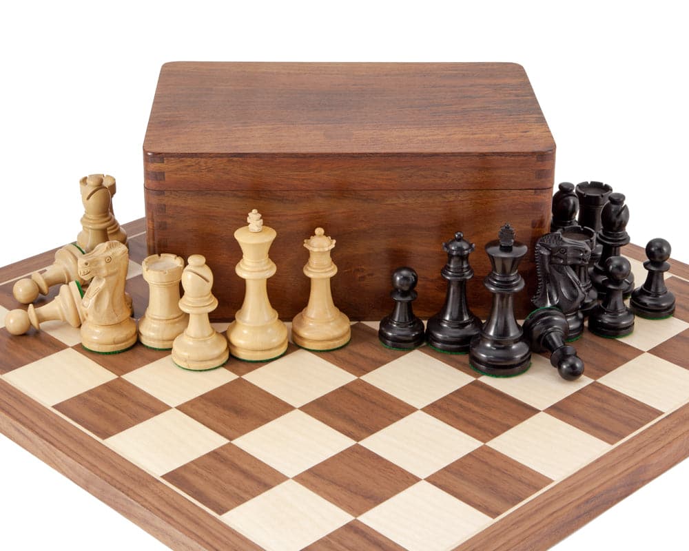 Supreme Ebony Tournament Chess Set with luxury real ebony chess pieces and a Spanish Walnut and Maple chess board.