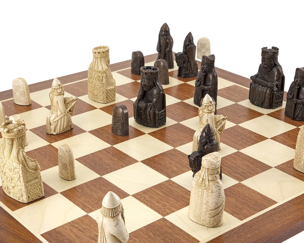 Isle of Lewis large mahogany chess set with detailed chess pieces on a maple and mahogany board.