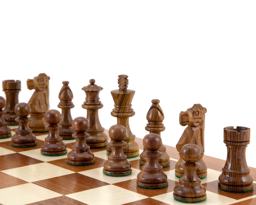 French Knight Sheesham Mahogany Chess Set with Weighted Staunton Chessmen on Mahogany and Maple Board