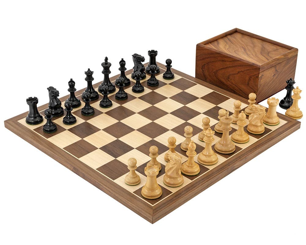 Competition Compact Walnut Chess Set with Staunton design, walnut and maple board, sheesham case, and beautifully finished ebonised chessmen.