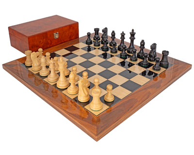 Supreme Ebony Chess Set with Burl Wood Case