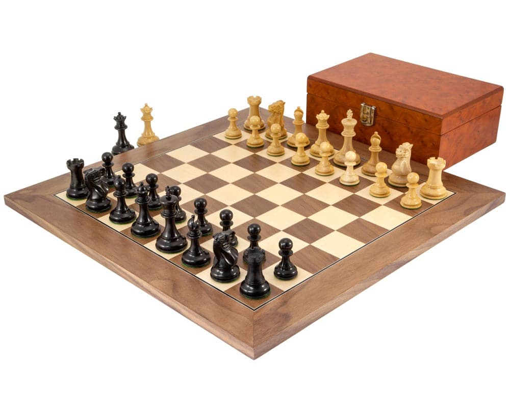 Highgrove Walnut Chess Set with handcrafted Staunton pieces and burl effect case on a 17.75-inch walnut and maple board.