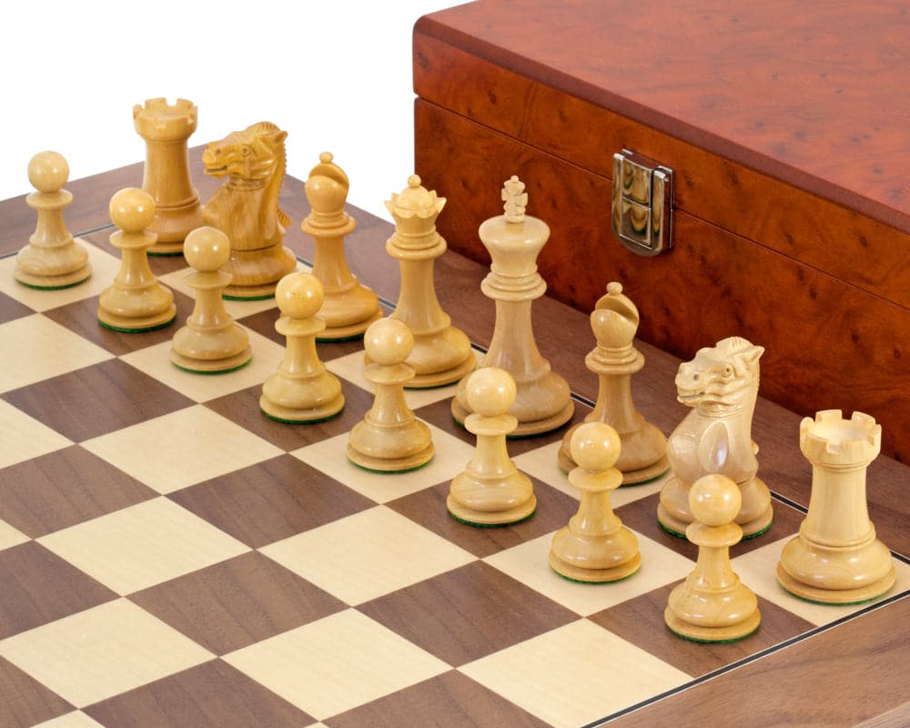 Highgrove Walnut Chess Set with Staunton Chessmen and Burl Case on Walnut and Maple Board