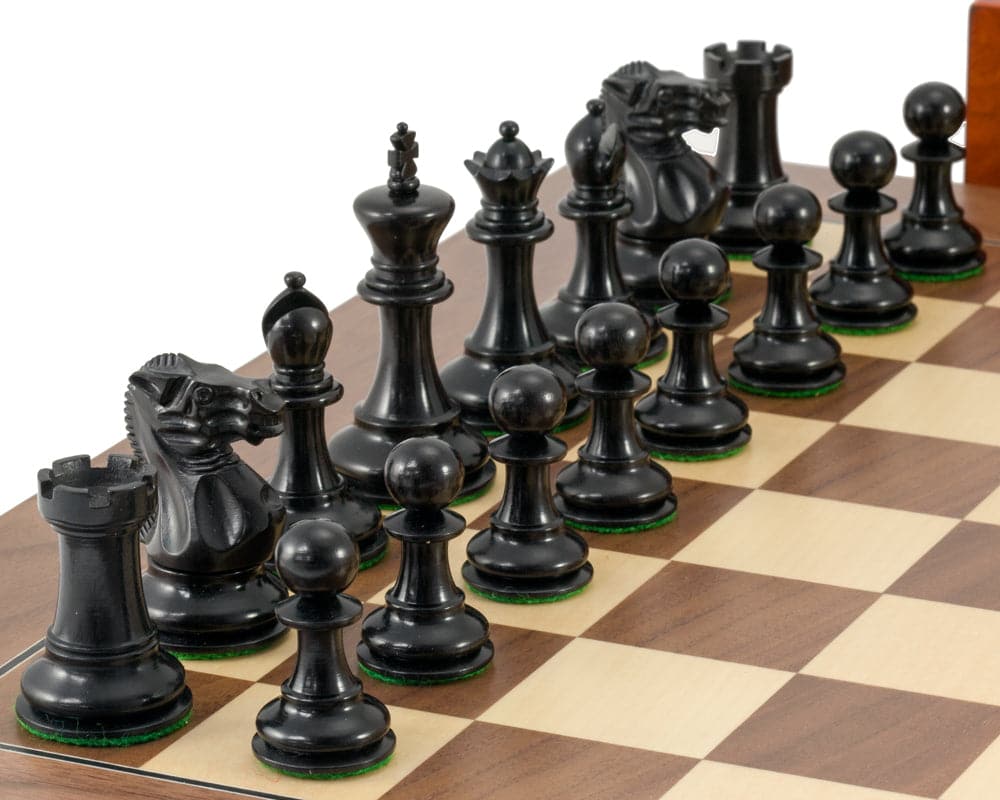 Highgrove Walnut Chess Set with ebonised Staunton chessmen and a walnut and maple board, featuring a 3-inch king, perfectly balanced and weighted.